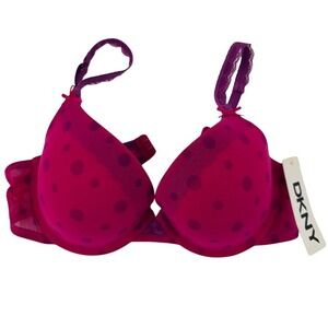 New DKNY 36B Bra‎ Pink Purple Polka Dot Underwire Lace Trim Bow Detail